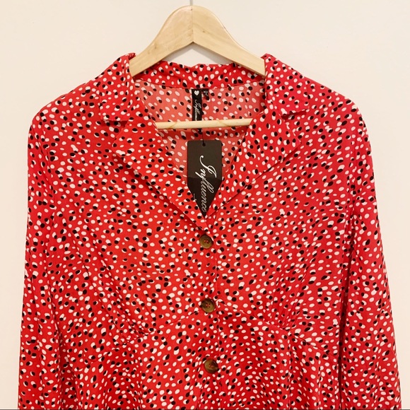 NEW ASOS Red Button Down Collared Long Sleeve Print Dress Medium - Picture 4 of 8